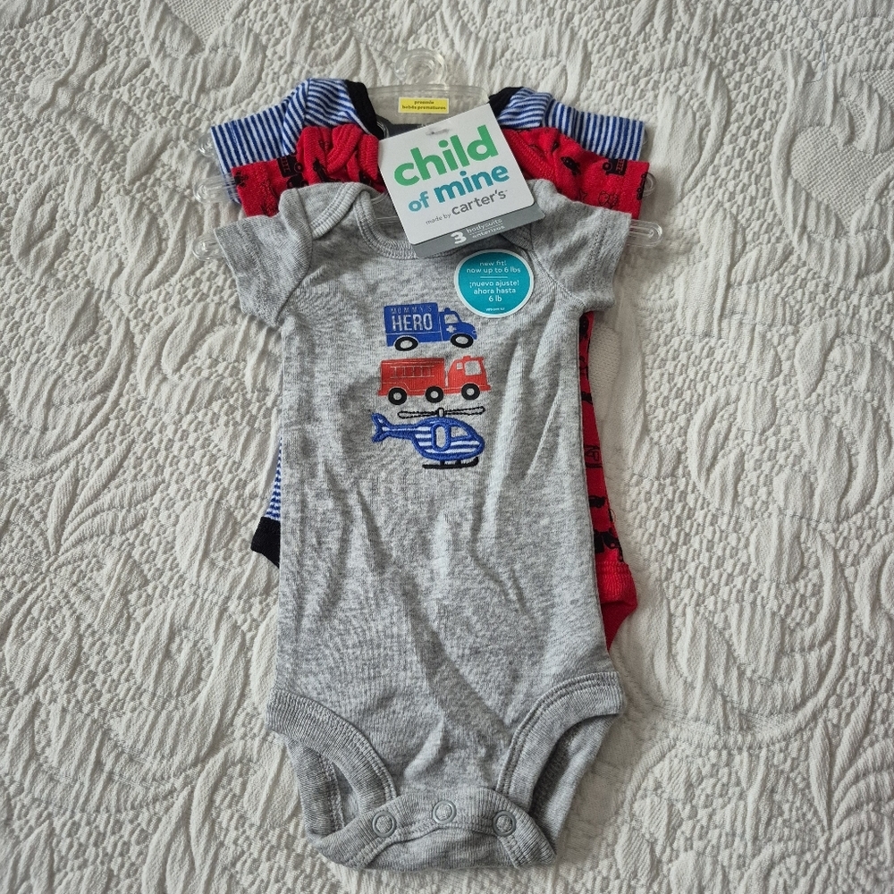Child of Mine 3 set of Preemie bodysuits  gray, red stripes NEW